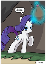 Size: 2480x3507 | Tagged: safe, artist:rex-equinox, rarity, pony, unicorn, bag, character to character, comic, dragon to pony, female, glowing, glowing horn, high res, horn, levitation, magic, mare, raised hoof, solo, speech bubble, spyro the dragon, spyro the dragon (series), telekinesis