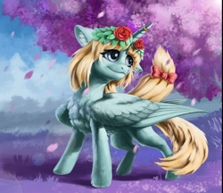 Size: 2302x1986 | Tagged: artist needed, safe, oc, oc:leek, alicorn, bow, chest fluff, ear fluff, female, floral head wreath, flower, flower in hair, fluffy, folded wings, hair bow, horn, horn ring, mare, ring, solo, solo female, wings