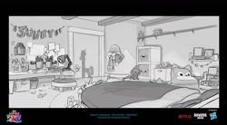 Size: 1440x794 | Tagged: safe, artist:veronica alvarez, spike, g4, bed, concept art, indoors, plushie, spike plushie, sunny starscout's bedroom