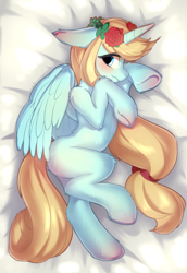 Size: 1418x2063 | Tagged: safe, artist:silver fox, oc, oc only, oc:leek, alicorn, pony, alicorn oc, bed, bedsheets, blushing, bow, female, floppy ears, floral head wreath, flower, flower in hair, fluffy, hair bow, horn, looking at you, lying down, mare, on bed, on side, solo, underhoof, wings