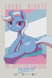 Size: 1200x1800 | Tagged: safe, alternate version, artist:darkdoomer, trixie, unicorn, g4, colored, comments locked down, flat colors, horn, poster, pride, pride flag, solo, trans day of visibility, trans trixie, transgender, transgender pride flag