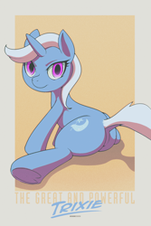 Size: 1200x1800 | Tagged: safe, artist:darkdoomer, trixie, pony, unicorn, g4, butt, colored, flat colors, great and powerful, horn, orange background, plot, poster, simple background, solo
