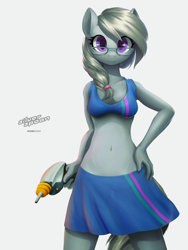 Size: 2400x3200 | Tagged: safe, artist:darkdoomer, silver spoon, anthro, g4, apron, bra, braid, breasts, clothes, digital art, female, hand on hip, looking at you, older, older silver spoon, ray gun, reasonably sized breasts, small breasts, solo, underwear
