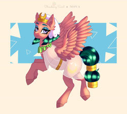 Size: 4230x3828 | Tagged: safe, artist:irisnebula13, artist:strawberryswirlll, somnambula, pegasus, pony, g4, absurd resolution, collaboration, cream background, egyptian, egyptian headdress, egyptian pony, female, lidded eyes, looking at you, mare, simple background, smiling, smiling at you, solo, spread wings, wings