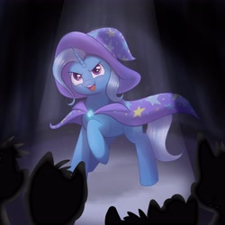 Size: 4724x4724 | Tagged: safe, artist:azilluwu, trixie, pony, unicorn, g4, absurd resolution, female, furrowed brow, horn, mare, open mouth, open smile, silhouette, smiling, solo focus, spotlight