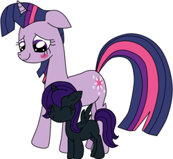 Size: 578x529 | Tagged: safe, artist:tamatendo, twilight sparkle, oc, oc:nyx, alicorn, pony, unicorn, fanfic:past sins, adopted daughter, adopted offspring, alicorn oc, blushing, duo, duo female, female, females only, filly, filly oc, foal, horn, link in description, mare, mother and child, mother and daughter, simple background, spread wings, story included, unicorn twilight, white background, wings