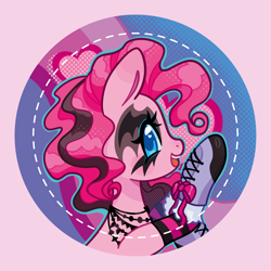 Size: 2084x2084 | Tagged: safe, pinkie pie, earth pony, pony, g4, badge, boots, clothes, collar, dyed mane, emo, eyeshadow, goth, gothic, halftone, jewelry, looking at you, makeup, ponymania, shoes, simple background, solo, stockings, thigh highs