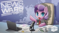 Size: 1600x900 | Tagged: safe, artist:darkdoomer, diamond tiara, oc, oc:filly anon, earth pony, pony, alex jones, computer, conspiracy theory, female, filly, foal, laptop computer, looking at you, meme, microphone, mug, news anchor, nwo, open mouth, paper, solo, television logo