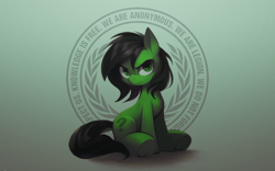 Size: 3840x2400 | Tagged: safe, artist:darkdoomer, oc, oc only, oc:filly anon, earth pony, pony, 4chan, 4k, anonymous, digital art, female, filly, foal, gradient background, grumpy, high res, looking at you, neon, question mark, sitting, solo, wallpaper