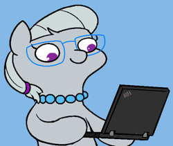 Size: 555x469 | Tagged: safe, artist:darkdoomer, silver spoon, earth pony, pony, g4, blue background, computer, cute, female, filly, foal, glasses, half body, hoof hold, jewelry, laptop computer, meme, necklace, no pupils, silverbetes, simple background, solo, thinkpad