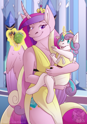 Size: 1611x2287 | Tagged: safe, artist:grumpygriffcreation, princess cadance, princess flurry heart, whammy, alicorn, anthro, unguligrade anthro, g4, clothes, crown, curved horn, cute, dress, female, flurrybetes, glowing, glowing horn, happy, horn, jewelry, mama cadence, mother and child, mother and daughter, open mouth, open smile, regalia, side slit, smiling, toy