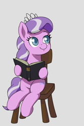 Size: 1600x2400 | Tagged: safe, artist:darkdoomer, artist:rainbow_q20, edit, diamond tiara, earth pony, pony, g4, bible, book, chair, colored pupils, cute, diamondbetes, female, filly, foal, gray background, hoof hold, looking to the left, simple background, sitting, smiling, solo, tail, two toned mane, two toned tail, vector, vector trace