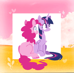 Size: 1238x1231 | Tagged: safe, artist:koidial, pinkie pie, twilight sparkle, alicorn, earth pony, pony, g4, ><, animated, behaving like a cat, blushing, bunting, chest fluff, cute, duo, duo female, eyes closed, female, folded wings, gif, heart, horn, lesbian, mare, nuzzling, ship:twinkie, shipping, sitting, smiling, tail, tail wag, twilight sparkle (alicorn), wings