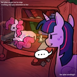 Size: 1080x1080 | Tagged: safe, artist:koidial, pinkie pie, twilight sparkle, alicorn, earth pony, pony, g4, ..., arrow, behaving like a cat, book, candle, duo, duo female, female, golden oaks library, horn, lesbian, lying down, mare, paper, ponyloaf, prone, quill, ship:twinkie, shipping, sweat, text, twilight sparkle (alicorn)