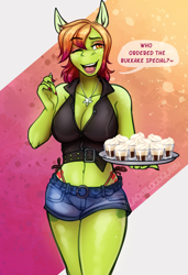 Size: 2153x3150 | Tagged: safe, artist:blackblood-queen, oc, oc only, oc:margarite mix, earth pony, anthro, unguligrade anthro, alcohol, anthro oc, bartender, breasts, busty oc, cleavage, clothes, commission, cup, denim, denim shorts, dialogue, digital art, drink, earth pony oc, eyeshadow, female, glass, innuendo, jewelry, makeup, mare, midriff, necklace, one eye closed, shorts, smiling, solo, speech bubble, tank top, wink