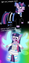 Size: 632x1390 | Tagged: safe, artist:princess-paige-place-of-fun, twilight sparkle, angel, angel pony, original species, pony, unicorn, g4, anarchy stocking, angelic wings, bipedal, bow, clothes, confused, crossover, dialogue, dress, female, goth, gothic lolita, hair bow, halo, heart, high heels, horn, lolita fashion, looking down, mare, panty and stocking with garterbelt, raised hoof, shocked, shoes, skirt, socks, stockinglight, stockings, text, thigh highs, unicorn twilight, wings