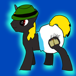 Size: 640x640 | Tagged: safe, artist:joeydr, oc, oc:gold rush, pony, unicorn, diaper, diaper fetish, fedora, fetish, green hat, hat, horn, male, minimalist, poofy diaper, simple, simple background, solo, stallion
