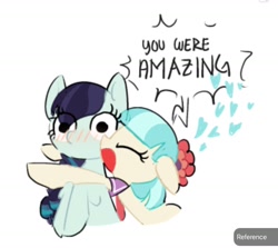 Size: 1438x1280 | Tagged: safe, artist:appledash3r_, coco pommel, coloratura, earth pony, pony, g4, blue coat, blue mane, blushing, bobcut, braid, braided ponytail, bust, cocobetes, cream coat, cute, dialogue, duo, duo female, eyelashes, eyes closed, female, floating heart, flower, flower in hair, heart, hug, lesbian, long mane, mare, no catchlights, open mouth, ponytail, profile, raised hooves, rarabetes, requested art, ship:cocotura, shipping, short hair, short mane, simple background, speech bubble, talking, text, tied mane, two toned mane, white background, wide eyes, yelling