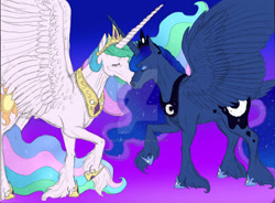 Size: 1042x767 | Tagged: safe, artist:moondeer1616, princess celestia, princess luna, alicorn, g4, concave belly, deviantart watermark, duo, duo female, female, gradient background, headcanon in the description, horn, horns are touching, jewelry, large wings, long horn, mare, obtrusive watermark, older, older princess celestia, older princess luna, raised hoof, realistic, regalia, ribs, royal sisters, siblings, sisters, unshorn fetlocks, watermark, wings, wrinkles