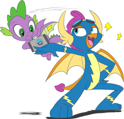 Size: 1263x1212 | Tagged: safe, artist:nauyaco, color edit, edit, smolder, spike, dragon, g4, clothes, colored, simple background, uniform, white background, winged spike, wings, wonderbolts uniform