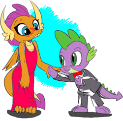 Size: 891x871 | Tagged: safe, artist:nauyaco, color edit, edit, smolder, spike, dragon, g4, blush lines, blushing, clothes, colored, dress, female, male, ship:spolder, shipping, simple background, straight, sweat, sweatdrop, tuxedo, white background