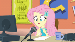 Size: 520x293 | Tagged: safe, screencap, fluttershy, human, equestria girls, fluttershy's butterflies, g4, my little pony equestria girls: choose your own ending, animated, female, gif, gifrun.com, microphone, mug