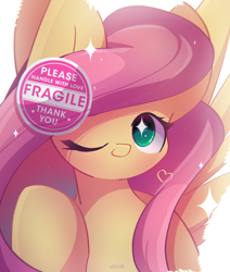 Size: 2200x2600 | Tagged: safe, artist:miryelis, fluttershy, pegasus, pony, g4, big ears, bust, cute, female, floating heart, heart, high res, long mane, looking at you, mare, one eye closed, raised hoof, shyabetes, signature, simple background, smiling, smiling at you, solo, sparkles, sparkly eyes, sparkly mane, spread wings, sticker, text, white background, wingding eyes, wings, wink, winking at you