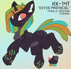 Size: 1893x1831 | Tagged: safe, artist:beardie, oc, oc:keyes protocol "kx-14t", cyborg, cyborg pony, pony, unicorn, female, horn, reference sheet, robotic legs, solo, solo female, unicorn oc