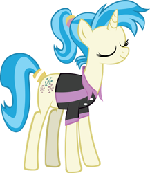 Size: 900x1037 | Tagged: safe, artist:chir-miru, allie way, pony, unicorn, g4, eyes closed, horn, polo shirt, ponytail, simple background, solo, transparent background, vector