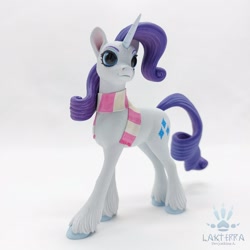Size: 2560x2560 | Tagged: safe, artist:lakterra, rarity, pony, unicorn, g4, clothes, craft, female, figurine, horn, irl, mare, photo, polymer clay, scarf, signature, simple background, solo, striped scarf, tail, unshorn fetlocks, white background