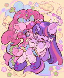 Size: 3900x4700 | Tagged: safe, artist:yanyannonoz, pinkie pie, twilight sparkle, equestria girls, g4, bow, clothes, duo, duo female, ear piercing, earring, female, freckles, hair accessory, hair bow, horn, jacket, jewelry, kneesocks, lesbian, long sleeves, looking at each other, looking at someone, one eye closed, open mouth, open smile, piercing, pony ears, ponytail, ship:twinkie, shipping, shoes, smiling, smiling at each other, socks, sparkles, wingding eyes, wings