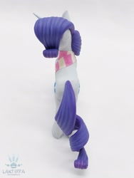 Size: 1620x2160 | Tagged: safe, alternate angle, alternate version, artist:lakterra, rarity, pony, unicorn, g4, both cutie marks, butt, clothes, craft, female, figurine, high angle, horn, irl, mare, photo, plot, polymer clay, scarf, signature, solo, striped scarf, tail, unshorn fetlocks