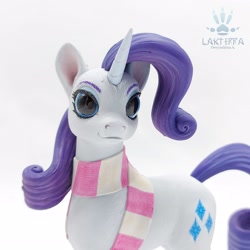 Size: 2560x2560 | Tagged: safe, alternate angle, alternate version, artist:lakterra, rarity, pony, unicorn, g4, close-up, clothes, craft, female, figurine, horn, irl, looking at you, mare, photo, polymer clay, scarf, signature, simple background, solo, striped scarf, tail, white background