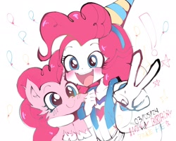 Size: 2100x1690 | Tagged: safe, artist:lulithmark, pinkie pie, earth pony, human, pony, balloon, blushing, exclamation point, female, happy birthday, hat, hug, humanized, mare, open mouth, party hat, peace sign, self paradox, self ponidox, simple background, text, white background