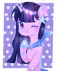 Size: 2250x2787 | Tagged: safe, artist:ling376384, twilight sparkle, pony, unicorn, cape, clothes, female, hairpin, horn, mare, one eye closed, patterned background, smiling, wink
