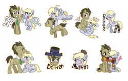 Size: 2282x1455 | Tagged: safe, artist:xinjinjumin718319732303, derpy hooves, doctor whooves, time turner, earth pony, pegasus, pony, blushing, bust, clothes, eyes closed, female, flying, grin, hat, heart, hoofbump, male, mare, open mouth, portrait, scarf, shared clothing, shared scarf, simple background, sitting, smiling, socks, stallion, sweat, sweatdrop, tongue out, white background