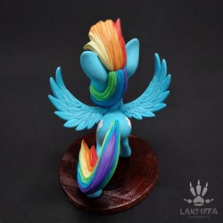 Size: 2560x2560 | Tagged: safe, alternate angle, alternate version, artist:lakterra, rainbow dash, pegasus, pony, g4, both cutie marks, butt, craft, female, figurine, high angle, irl, mare, photo, plot, polymer clay, rear view, signature, solo, spread wings, stand, tail, wings