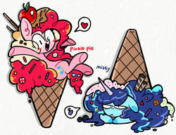 Size: 1785x1372 | Tagged: safe, artist:piaojun55154, misty brightdawn, pinkie pie, earth pony, pony, unicorn, g4, g5, blushing, duo, duo female, female, frown, heart, horn, ice cream cone, mare, one eye closed, open mouth, speech bubble, text, wink