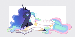 Size: 1600x800 | Tagged: safe, artist:megarock, princess celestia, princess luna, alicorn, pony, g4, abstract background, bonding, book, bubble, crown, cuddling, cute, cutelestia, daaaaaaaaaaaw, duo, ethereal mane, ethereal tail, eyes closed, female, folded wings, hoof shoes, jewelry, luna is not amused, lunabetes, mucus, mucus bubble, open mouth, paresthesia, pinned down, pouting, regalia, royal sisters, sibling love, siblings, sisterly love, sisters, sleeping, sleeping on wings, snot bubble, snuggling, starry mane, tail, this will end in paresthesia, unamused, wings