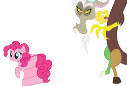 Size: 927x625 | Tagged: safe, artist:qjosh, discord, pinkie pie, draconequus, earth pony, pony, g4, cake, female, food, food transformation, inanimate tf, male, simple background, transformation, transformation sequence, white background