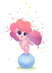 Size: 800x1109 | Tagged: safe, artist:megarock, pinkie pie, earth pony, pony, g4, balancing, ball, balloon, confetti, cute, daaaaaaaaaaaw, diapinkes, female, filly, foal, open mouth, simple background, smiling, solo, white background