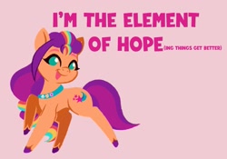 Size: 1429x1001 | Tagged: safe, artist:allisonpopick, sunny starscout, earth pony, pony, g5, bag, pink background, simple background, smiling, solo, text