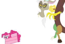 Size: 927x625 | Tagged: safe, artist:qjosh, discord, pinkie pie, draconequus, g4, cake, female, food, food transformation, inanimate tf, male, pie, simple background, transformation, transformation sequence, white background