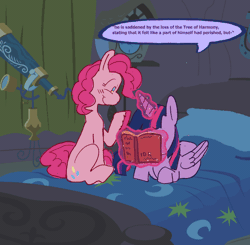 Size: 1010x990 | Tagged: safe, artist:koidial, pinkie pie, twilight sparkle, alicorn, earth pony, pony, g4, :3, ><, animated, bed, book, cute, dialogue, duo, duo female, eyes closed, female, folded wings, gif, horn, hug, lesbian, lying down, magic, magic aura, mare, one eye closed, prone, reading, ship:twinkie, shipping, sitting, smiling, speech bubble, telekinesis, telescope, twilight sparkle (alicorn), wings, wink