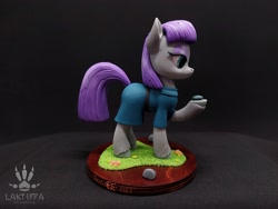 Size: 2560x1920 | Tagged: safe, alternate angle, alternate version, artist:lakterra, boulder (g4), maud pie, earth pony, pony, g4, clothes, craft, duo, female, figurine, frock coat, grass, hoof hold, irl, lidded eyes, mare, photo, polymer clay, raised hoof, rock, side view, signature, stand, tail, unshorn fetlocks