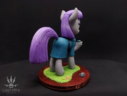 Size: 2560x1920 | Tagged: safe, alternate angle, alternate version, artist:lakterra, boulder (g4), maud pie, earth pony, pony, g4, clothes, craft, dock, duo, female, figurine, frock coat, grass, hoof hold, irl, lidded eyes, mare, photo, polymer clay, raised hoof, rear view, rock, signature, stand, tail, three quarter view, unshorn fetlocks