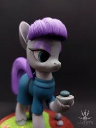 Size: 1620x2160 | Tagged: safe, alternate angle, alternate version, artist:lakterra, boulder (g4), maud pie, earth pony, pony, g4, close-up, clothes, craft, duo, female, figurine, frock coat, grass, hoof hold, irl, lidded eyes, mare, photo, polymer clay, raised hoof, rock, signature, stand, tail, three quarter view, unshorn fetlocks