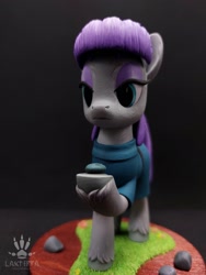 Size: 1620x2160 | Tagged: safe, alternate angle, alternate version, artist:lakterra, boulder (g4), maud pie, earth pony, pony, g4, clothes, craft, duo, female, figurine, frock coat, grass, hoof hold, irl, lidded eyes, mare, photo, polymer clay, raised hoof, rock, signature, stand, tail, unshorn fetlocks