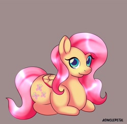 Size: 2048x2007 | Tagged: safe, artist:asinglepetal, fluttershy, pegasus, pony, g4, beige background, female, folded wings, looking at you, lying down, mare, prone, signature, simple background, solo, sticker design, tail, wings