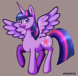 Size: 2048x2007 | Tagged: safe, artist:asinglepetal, twilight sparkle, alicorn, pony, g4, beige background, female, looking at you, mare, raised hoof, signature, simple background, smiling, solo, spread wings, sticker design, tail, twilight sparkle (alicorn), wings